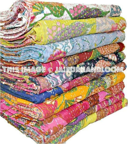 SET of 10 Kantha Quilts, Wholesale Set of 10 Floral Kantha Blanket, Twin Kantha Throw, Decorative Curtains in Floral Pattern-Jaipur Handloom