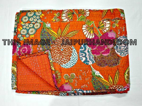 Sari Kantha Quilt, Bedspread Kantha Quilt, Indian Saree Kantha Blanket handmade reversible Kantha Bedspread, Kantha Bohemian Bedding-Jaipur Handloom