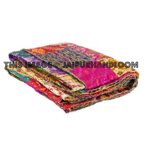 Sari Kantha Quilt Patchwork Quilt Hand Multi patchwork kantha Quilt Indian Quilt Queen Bedspread-Jaipur Handloom