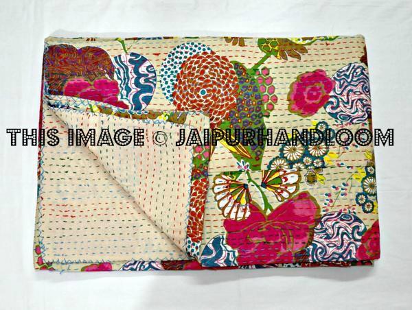 Sari Kantha Quilt in Beige, kantha Bedspread, Saree Beige Cream Kantha Blanket kantha Bed cover Cotton reversible kantha Bedspread Bedding