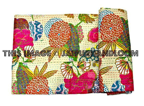 Sari Kantha Quilt in Beige, kantha Bedspread, Saree Beige Cream Kantha Blanket kantha Bed cover Cotton reversible kantha Bedspread Bedding