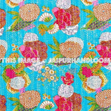 Sari kantha quilt in turquoise, floral kantha quilt blanket throw, kantha quilt bed cover, kantha quilt bedspread, vintage sari bedcover-Jaipur Handloom