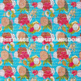 Sari kantha quilt in turquoise, floral kantha quilt blanket throw, kantha quilt bed cover, kantha quilt bedspread, vintage sari bedcover-Jaipur Handloom