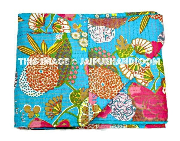 Sari kantha quilt in turquoise, floral kantha quilt blanket throw, kantha quilt bed cover, kantha quilt bedspread, vintage sari bedcover-Jaipur Handloom