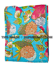 Sari kantha quilt in turquoise, floral kantha quilt blanket throw, kantha quilt bed cover, kantha quilt bedspread, vintage sari bedcover-Jaipur Handloom
