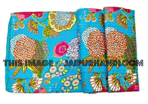 Sari kantha quilt in turquoise, floral kantha quilt blanket throw, kantha quilt bed cover, kantha quilt bedspread, vintage sari bedcover-Jaipur Handloom