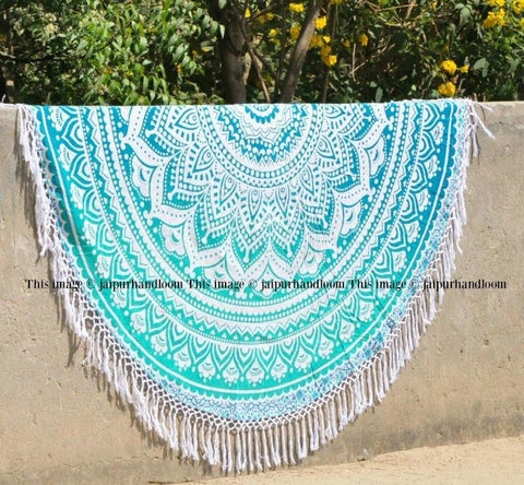Sea Green Ombre Mandala Roundie Beach Throw Beach Towel-Jaipur Handloom