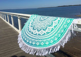 Sea Green Ombre Round Beach Towel Throw Yoga Mat Cover With Fringe-Jaipur Handloom