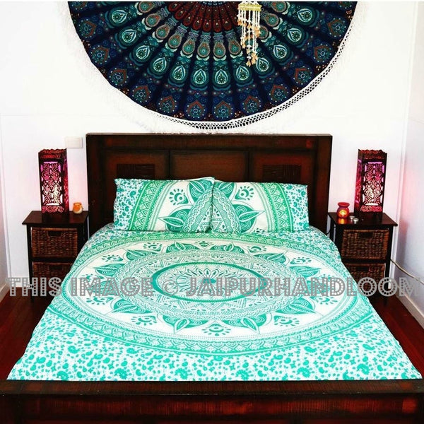Sea Green & White Ombre Medallion Circle Duvet Cover Set with 2 Pillow Covers-Jaipur Handloom
