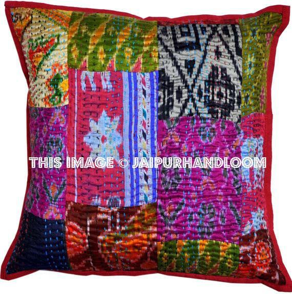 Set Of 2 Silk kantha Pillow Cover Bohemian Dining Chair Pillows Cushions-Jaipur Handloom