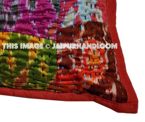 Set Of 2 Silk kantha Pillow Cover Bohemian Dining Chair Pillows Cushions-Jaipur Handloom