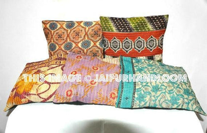 Set Of 5 Pillow Covers Vintage Kantha Pillow Cases Indian Kantha Sofa Cushions-Jaipur Handloom
