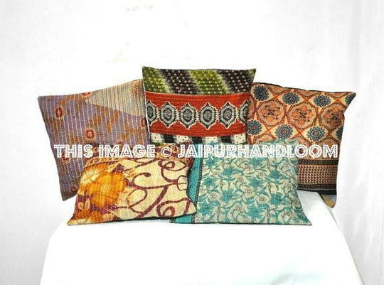 Set Of 5 Pillow Covers Vintage Kantha Pillow Cases Indian Kantha Sofa Cushions-Jaipur Handloom