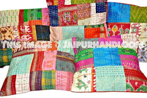 Set Of 5 patchwork kantha Pillow 5 pc indian silk sari Kantha Decorative throw Pillow-Jaipur Handloom
