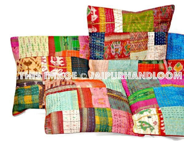 Set Of 5 patchwork kantha Pillow 5 pc indian silk sari Kantha Decorative throw Pillow-Jaipur Handloom