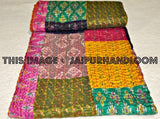 Silk Kantha Quilt in Queen, Multicolor Patola Kantha Bedspread-Jaipur Handloom