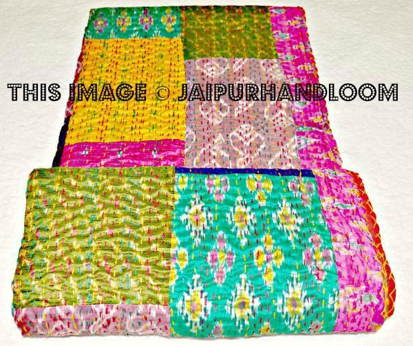 Silk Kantha Quilt in Queen, Multicolor Patola Kantha Bedspread-Jaipur Handloom