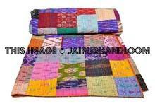 Silk Kantha Quilt in Queen, Multicolor Patola Kantha Bedspread-Jaipur Handloom