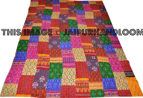 Silk Sari Patola Kantha Quilt Queen Kantha Bedding Bedspread-Jaipur Handloom