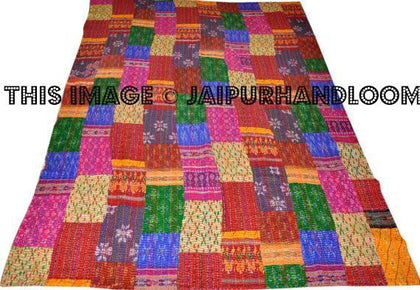 Silk Sari Patola Kantha Quilt Queen Kantha Bedding Bedspread-Jaipur Handloom