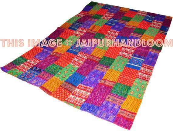 Silk Sari Patola Kantha Quilt Queen Kantha Bedding Bedspread-Jaipur Handloom