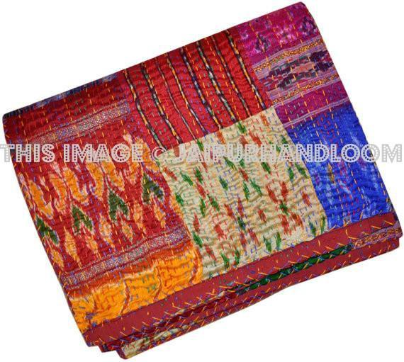 Silk Sari Patola Kantha Quilt Queen Kantha Bedding Bedspread-Jaipur Handloom