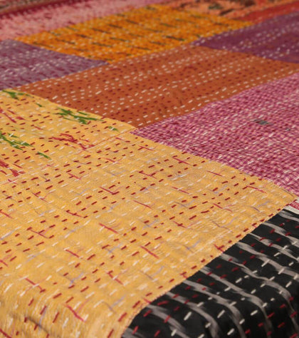 Silk sari kantha throw bohemian kantha bedding patchwork kantha blanket-Jaipur Handloom