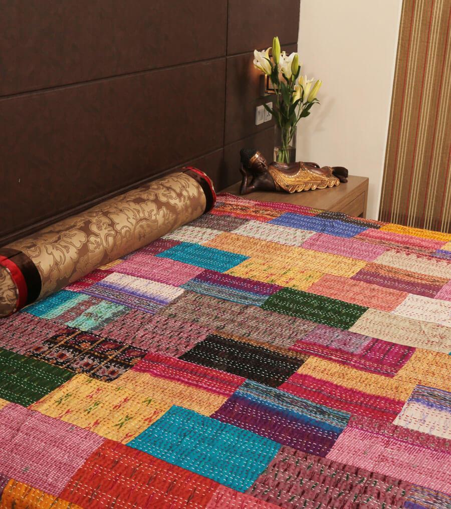 Silk sari kantha throw bohemian kantha bedding patchwork kantha blanket-Jaipur Handloom