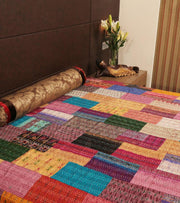 Silk sari kantha throw bohemian kantha bedding patchwork kantha blanket-Jaipur Handloom