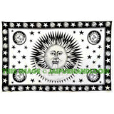 Small Black and White Sun Moon Star Tapestry hippie psychedelic yoga mat-Jaipur Handloom