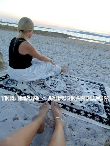 Small Black and White Sun Moon Star Tapestry hippie psychedelic yoga mat-Jaipur Handloom