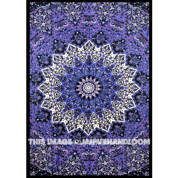 Small Purple 3 D Star Elephants Mandala Wall Tapestry-Jaipur Handloom