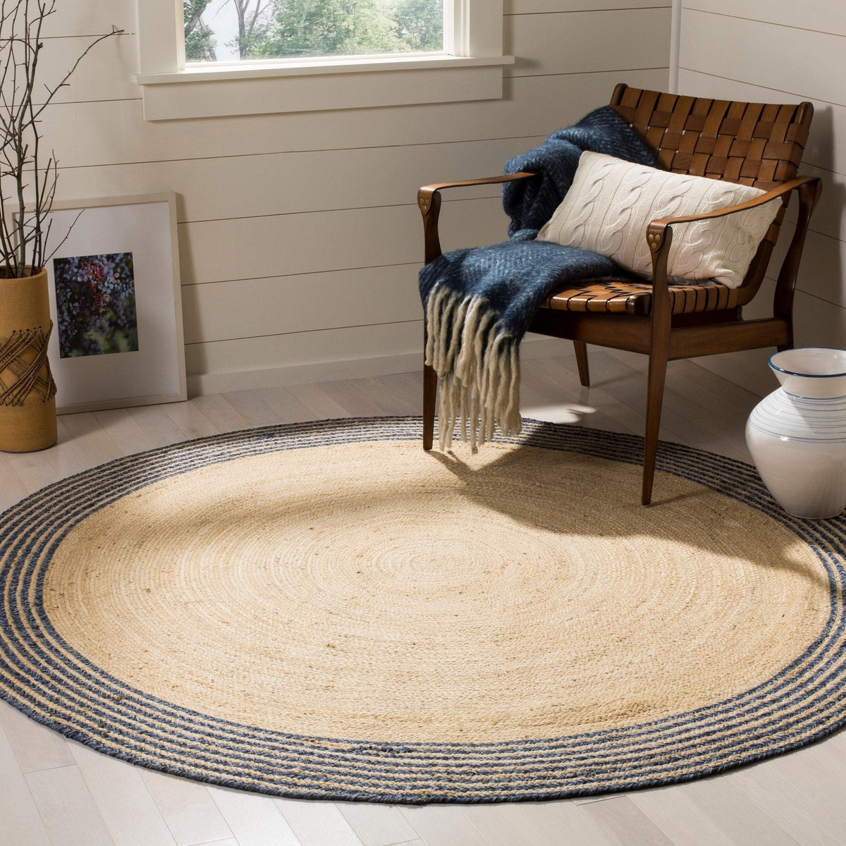 Striped Pattern Hand Braided 8 Feet Round Jute Rugs for Living Room & Bedroom | Jaipur Handloom