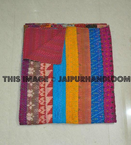 Stripes Unique vintage silk patola sari kantha quilt throw blankets