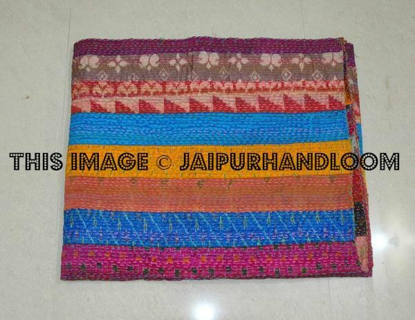 Stripes Unique vintage silk patola sari kantha quilt throw blankets