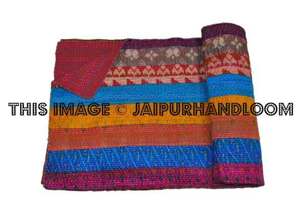 Stripes Unique vintage silk patola sari kantha quilt throw blankets
