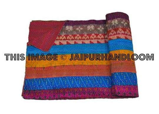 Stripes Unique vintage silk patola sari kantha quilt throw blankets
