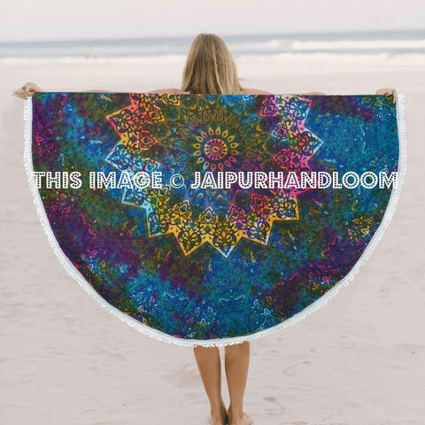 Tie Dye Elephant Circle & Sun Star Roundie Tassel Beach Towel Throw-Jaipur Handloom