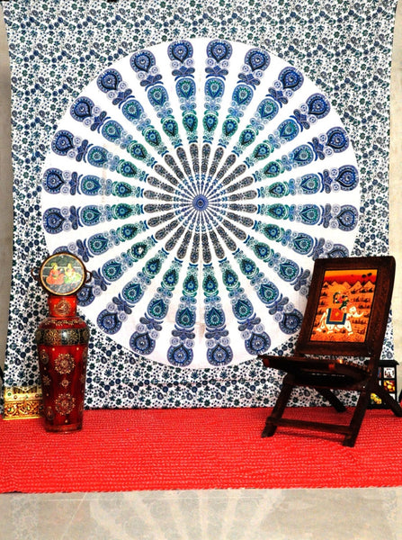 Trippy psychedelic tapestry blue and white mandala bedding blanket-Jaipur Handloom