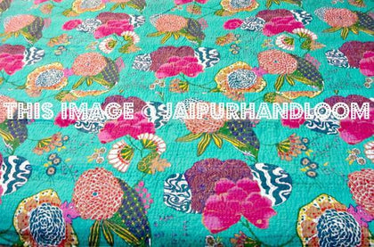 Tropicana Kantha Throw Queen Cotton Quilt Bohemian Kantha Bed Cover