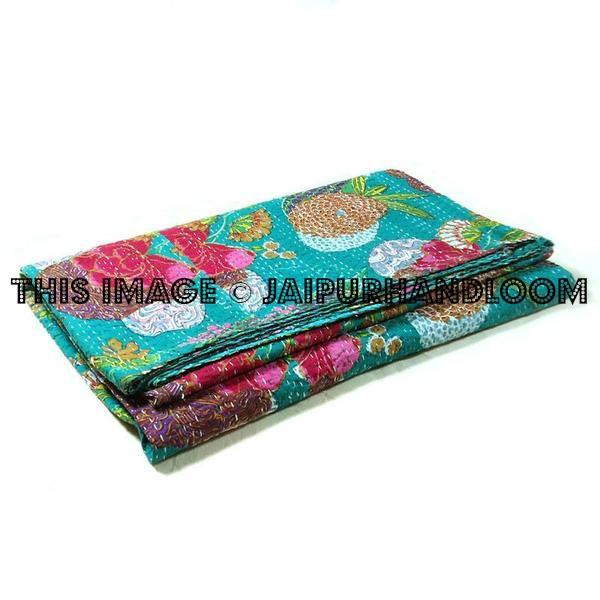 Tropicana Kantha Throw Queen Cotton Quilt Bohemian Kantha Bed Cover