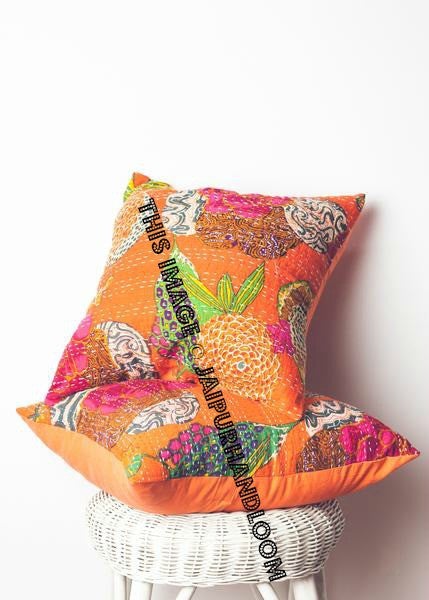 Tropicana Orange Kantha Cushion Covers Decorative pillows-Jaipur Handloom