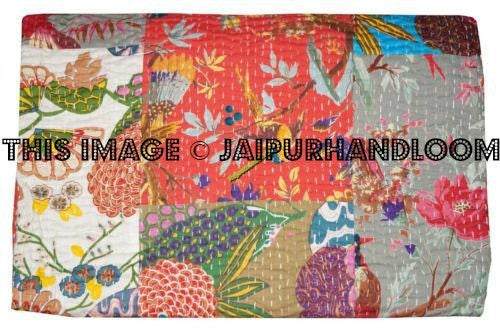 Tropicana Patchwork Kantha Throw Bohemian Quilted Bedding Kantha Bedspread-Jaipur Handloom