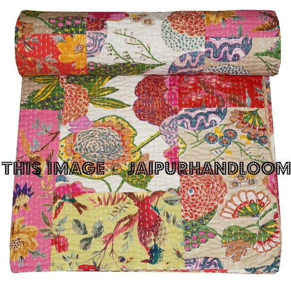 Tropicana Patchwork Kantha Throw Bohemian Quilted Bedding Kantha Bedspread-Jaipur Handloom