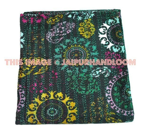 Tropicana kantha quilt in suzani style queen size bedspread coverlet indian kantha throw