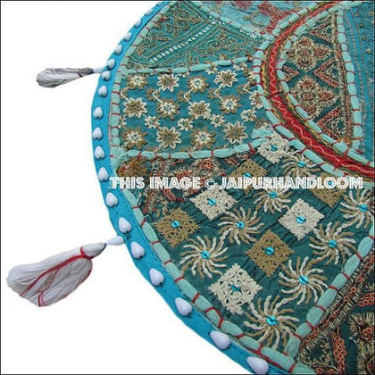 Turquoise 22" Decorative Round Floor Pillow in Blue Cushion round embroidered Bohemian floor cushion pouf Vintage Indian Foot Stool Bean Bag-Jaipur Handloom