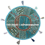 Turquoise 22" Decorative Round Floor Pillow in Blue Cushion round embroidered Bohemian floor cushion pouf Vintage Indian Foot Stool Bean Bag-Jaipur Handloom