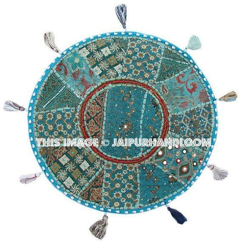 Turquoise 22" Decorative Round Floor Pillow in Blue Cushion round embroidered Bohemian floor cushion pouf Vintage Indian Foot Stool Bean Bag-Jaipur Handloom