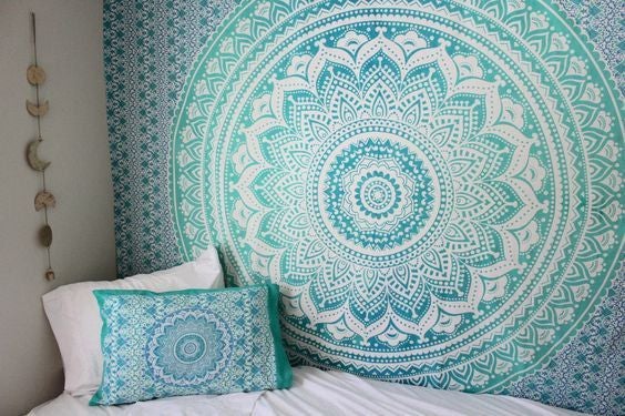 Turquoise Green Ombre Tapestry indian tapestry wall hanging-Jaipur Handloom