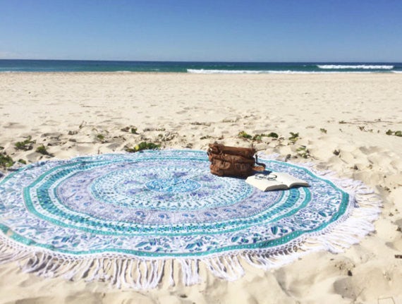 Turquoise Indian Mandala Round Cotton Tablecloth 70" Round Beach Towel-Jaipur Handloom